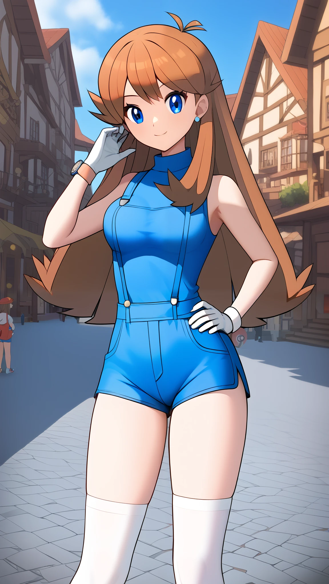 ( top quality )), ((masterpiece)), ( Details), 1girl,  orange brown hair color,  long hair,  blue eyes, red long sleeve shirt , blue shorts overalls,  white knee-high stockings reflective on glass floors,  absolute domain,  Tall,  ANIME COLORING BOOK,  Watch viewers, 1 Female, Age 18,  standing, Three idiot hairs ,  with bangs, whole body, Place one hand on hip,  slim figure,  sexy smile,  seductive smile, Ample breasts, orange laces , Outdoor, town, (\ Pokémon\),  score_9,  score_8_Excellent,  score_7_Excellent,  score_6_Excellent,  source_Anime,  cell shading ,  Flat Color , vector, Two legs, two arms,