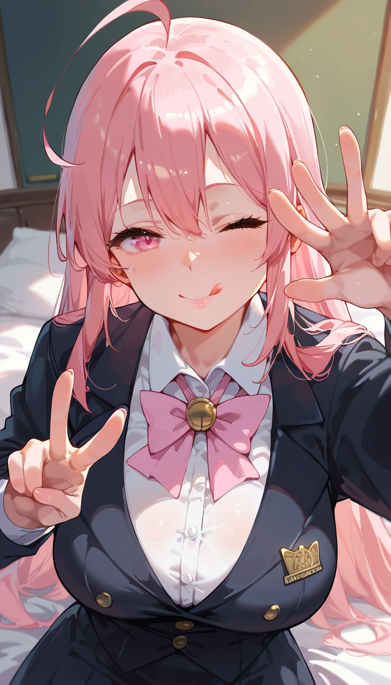 score_9_up, score_8_up, score_7_up, high quality, shaded, masterpiece, light blush, 1girl, pink hair, long hair, light pink eyes, huge breast, ahoge, hair between eyes, tuxedo, tight tuxedo, pink neck bow, leaning corward, closed mouth, peace sign, tongue out, wink, reaching towards viewer 