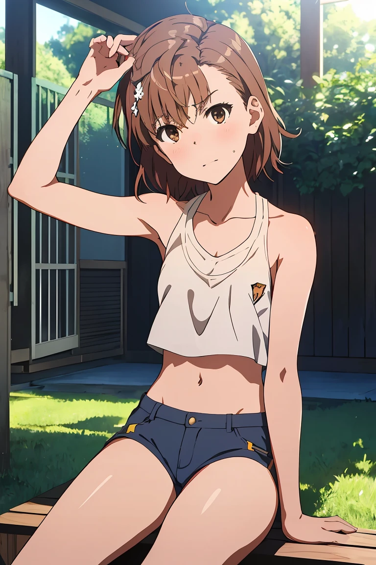 Highest quality:1.5, High resolution, uhd, 4K, Detailed lighting, Shaders), NSFW Misaka Mikoto,short hair　Brown Hair　Brown eyes　Cool face　　Blue shorts;　Low cut yellow cropped tank top with a small area　Realistic sun rays　 Beautiful park　(((topless)))++ sit　blush, leaning forward