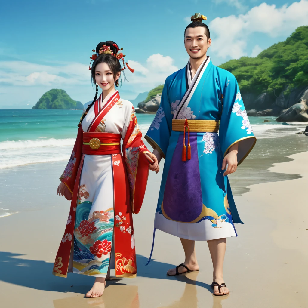 High-definition depiction, anime style, 8k resolution, Unity wide shot, beautiful and clearly painted. Three Kingdoms, A man and woman dressed in chinese traditional clothing stand on a beach, smiling at us.