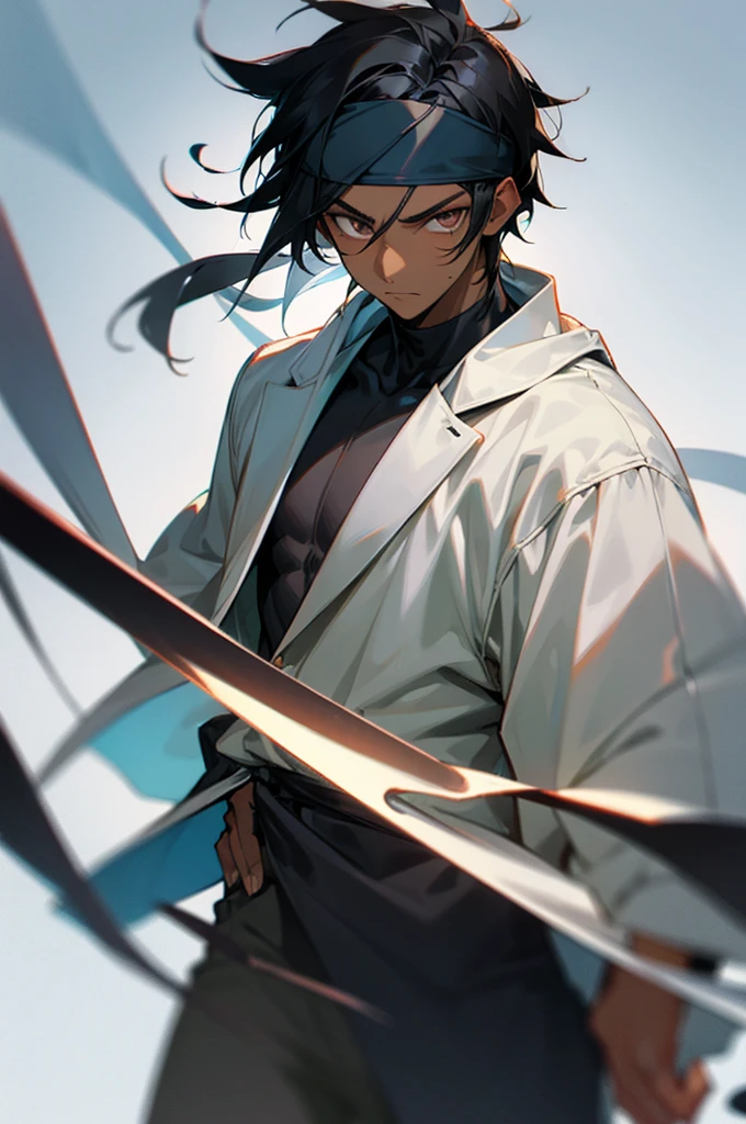 Boy with hunk body and long straight black hair down to the leg wearing a black haori with some white armbands and some parts of white clothing with a katana at the blue waist and tied hair, mage swordsman, beautiful eyes finely detailed, casting a strong spell from his sword,magical atmosphere, colorful glowing magic spell in the air, swirling portal, dark magic, (style-swirlmagic:0.8), floating particles, backlighting