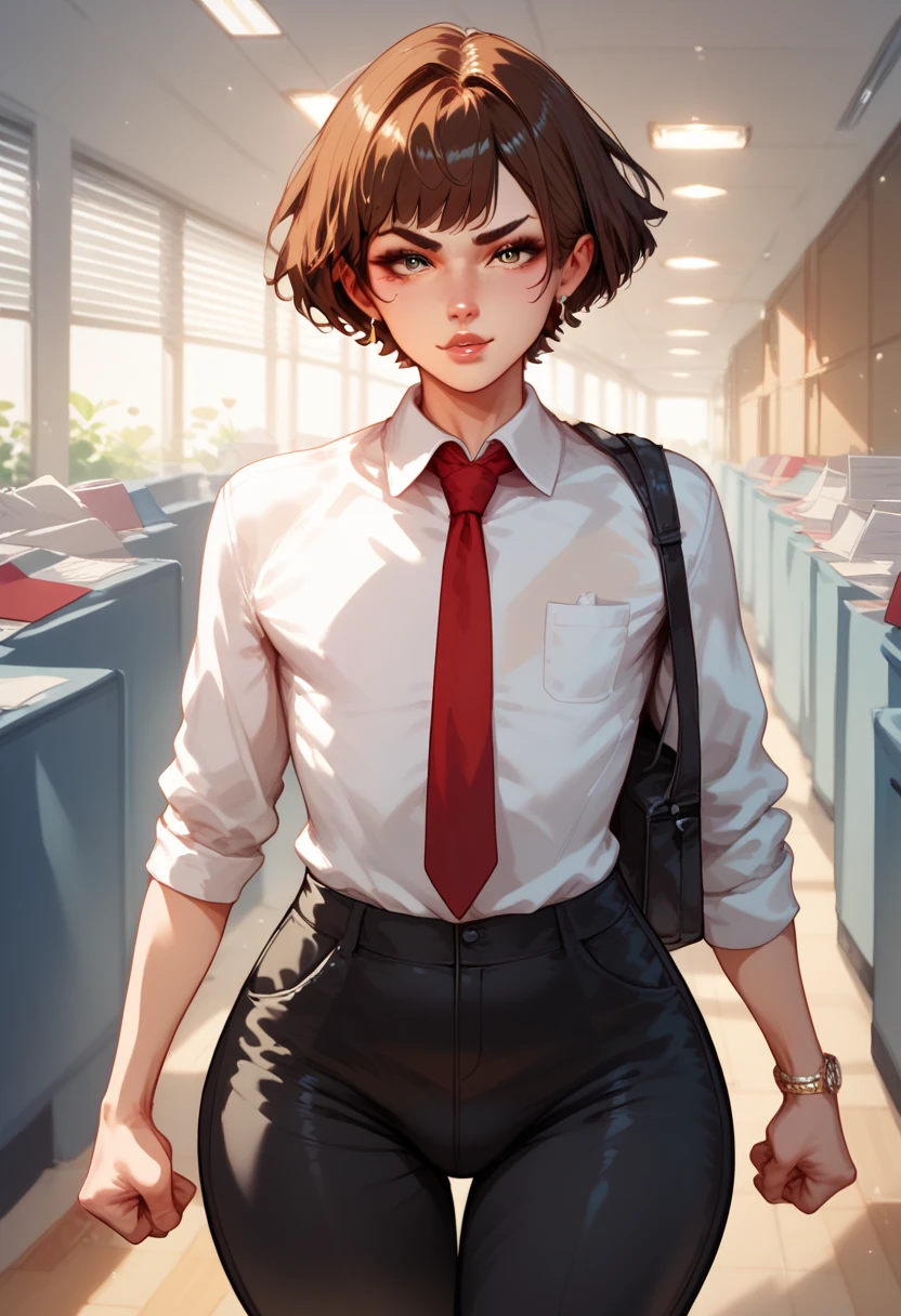 Femboy, short brown hair, big butt, black pants, office clothes, red tie, not in a good mood, hands turned into fist's, Arms along the body, looking at user, front view, office hallway, solo, 