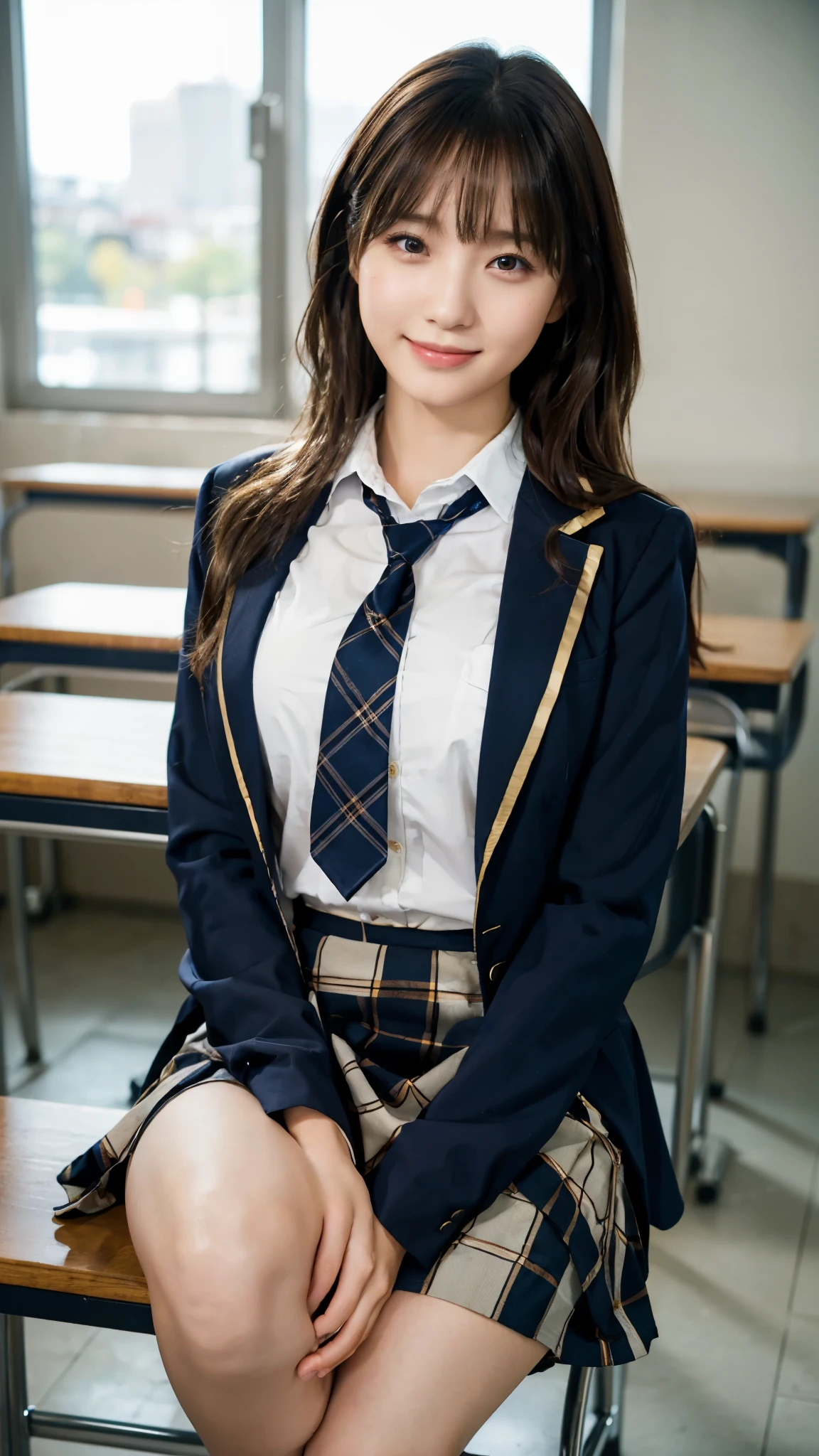 (Highest quality, 4K, 8k, High resolution, masterpiece, Genuine, Realistic, Realistic:1.3), (upper body), Girl sitting on the school desk in classroom, blue neckerchief Uniform, Dark Blown Blazer, blown plaid skirt, Gal Makeup, wearing white collared shirts, dark black pantyhose, ((wavy long brown hair)), Gold Bracelets, 18-year-old, bangs, grin,Thighs, knees, From below, pinching skirt:0.7, open legs:0.8,