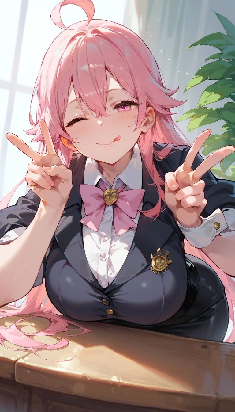 score_9_up, score_8_up, score_7_up, high quality, shaded, masterpiece, light blush, 1girl, pink hair, long hair, light pink eyes, huge breast, ahoge, hair between eyes, tuxedo, tight tuxedo, pink neck bow, leaning forward, closed mouth, peace sign, tongue out, wink