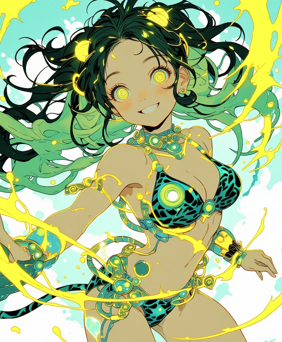 stunning, multicolored glass statue of a curvy chibi melanin woman with large, expressive eyes. The statue captures her in a playful pose on a jacuzzi wearing a swimsuit. The glass should have a mix of vibrant colors like blue, green, and orange, creating a kaleidoscopic effect. Light