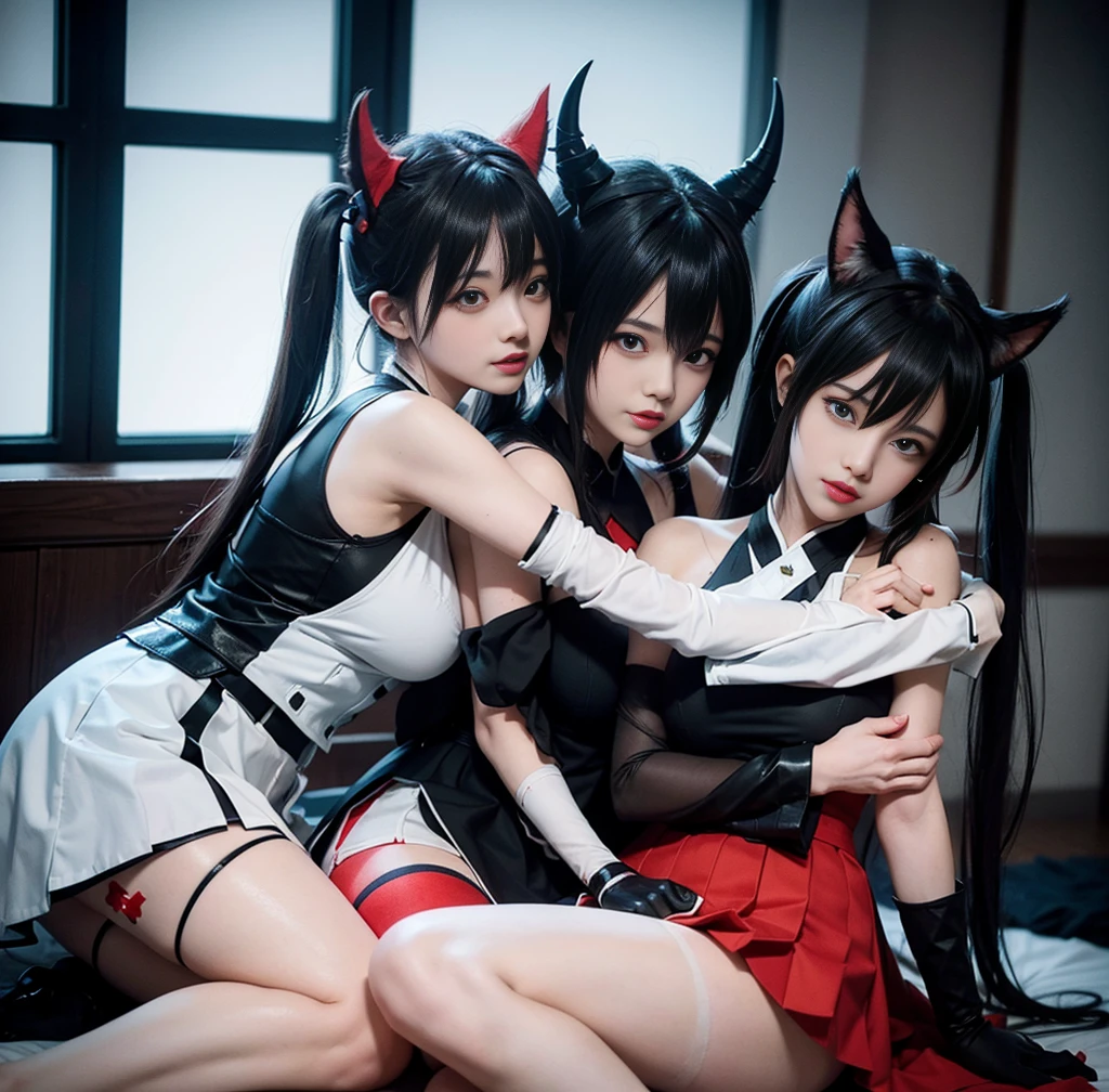 Realistic, high res, 4k, masterpiece, sharp focus, high contrast, cinematic lighting, (full body view), (2girls), (forest), outdoor AND (2girls), (with white angel wings:1.6), maiden, cute, pure, innocent, petite figure, slender, medium breasts, bangs, long hair, gray hair, blue eyes, (pale white skin), shinny skin, tight skin, (happy), (smile:1.4), frown, glower, look at viewer, floating in the air, angel hair ornament, sweat, white embroidered mesh gloves, white embroidered lace mesh bustier, white embroidered mesh garter, white embroidered mesh hose stocking, white choker, (detailed outfits:1.6) AND (2girls), (with black bat wings:1.6), maiden, cute, petite figure, slender, small breasts, bangs, short hair, bob hair, auburn hair, brown eyes, (pale skin), shinny skin, tight skin, (happy), (smile:1.4), look at viewer, floating in the air, devil hair ornament, sweat, black embroidered mesh gloves, black embroidered lace mesh bustier, black embroidered mesh garter, black embroidered mesh hose stocking, black choker, (detailed outfits:1.6), tattoo