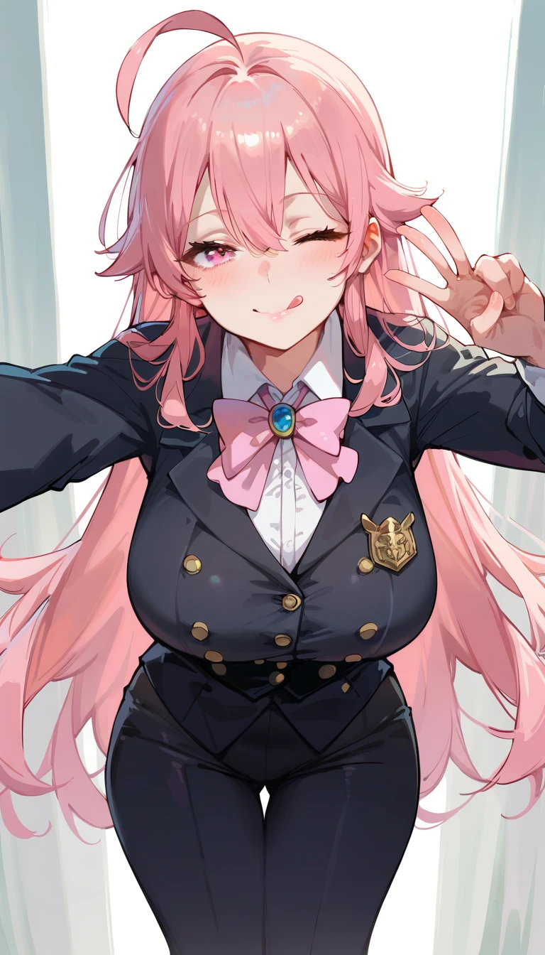 score_9_up, score_8_up, score_7_up, high quality, shaded, masterpiece, light blush, 1girl, pink hair, long hair, light pink eyes, huge breast, ahoge, hair between eyes, tuxedo, tight tuxedo, pink neck bow, leaning forward, closed mouth, peace sign, tongue out, wink, white collared shirt