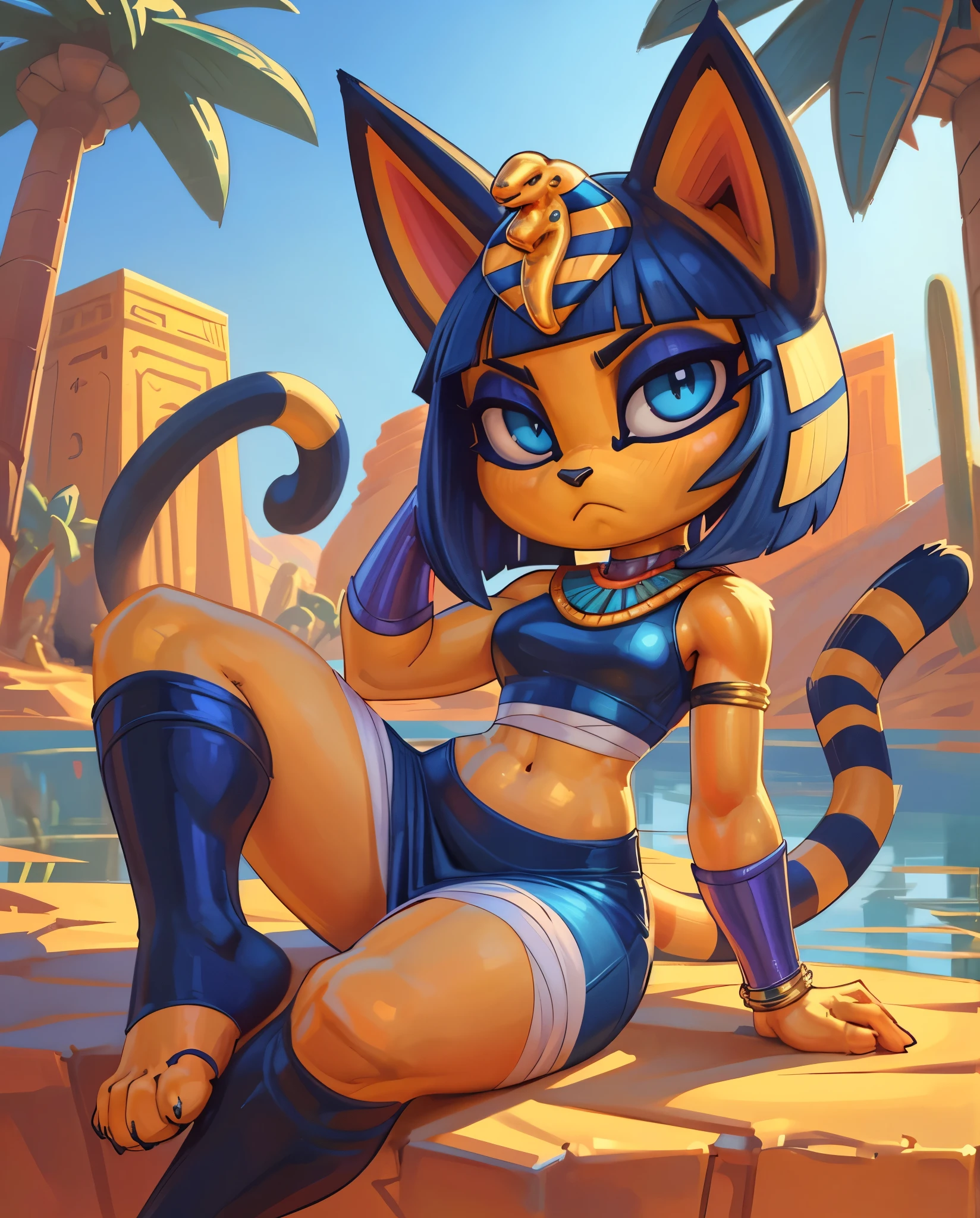 ((ankha)), ((Animal Crossing)), ((thefuckingdevil)), ((pixelsketcher)), ((wamudraws)), ((masterpiece)), ((high resolution)), ((cartoon style)), ((solo portrait)), {(slim figure), (toned body), (eccentuated curves), (yellow fur), (black cat nose), (cute blue eyes), (indigo eyeshadow), (egyptian eye makeup), (cat ears), (long striped tail), (frown)}, {(wrapped in white bandages), (midriff), (navel), (pencil skirt), (snake ornament headwear), (blue bracers), (gold anklets), (blue stirrup socks)}, {(sitting), (looking at viewer)}, ((desert oasis)), ((lake)), ((palm trees))