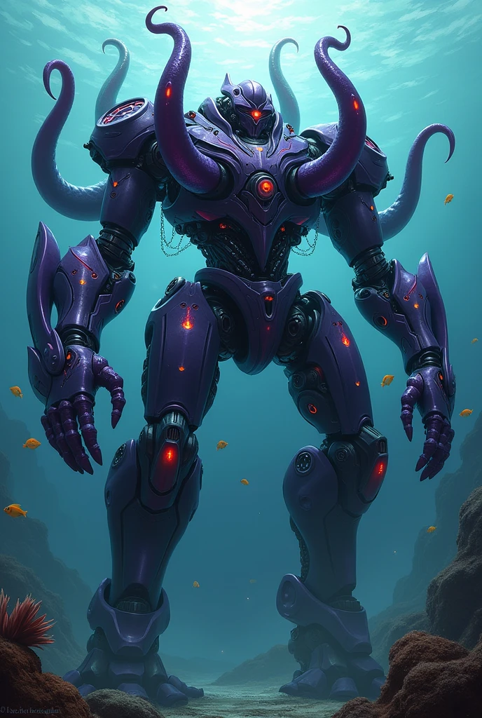 a mech based off Scylla, Purple and black aesthetics, aquatic mechanized