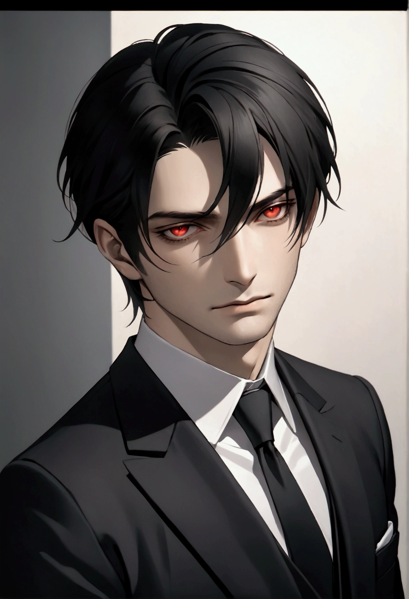 Black hair, sharp eyes, lascivious eyes, male, red eyes, short hair, handsome, business suit, portrait, upper body, snapshot, cowboy shot. Prompt: (Male submissive: 1.3) Realistic scene design, soft light and subtle shadows highlight the skin, giving the image atmosphere and erotic tension. Wearing a suit