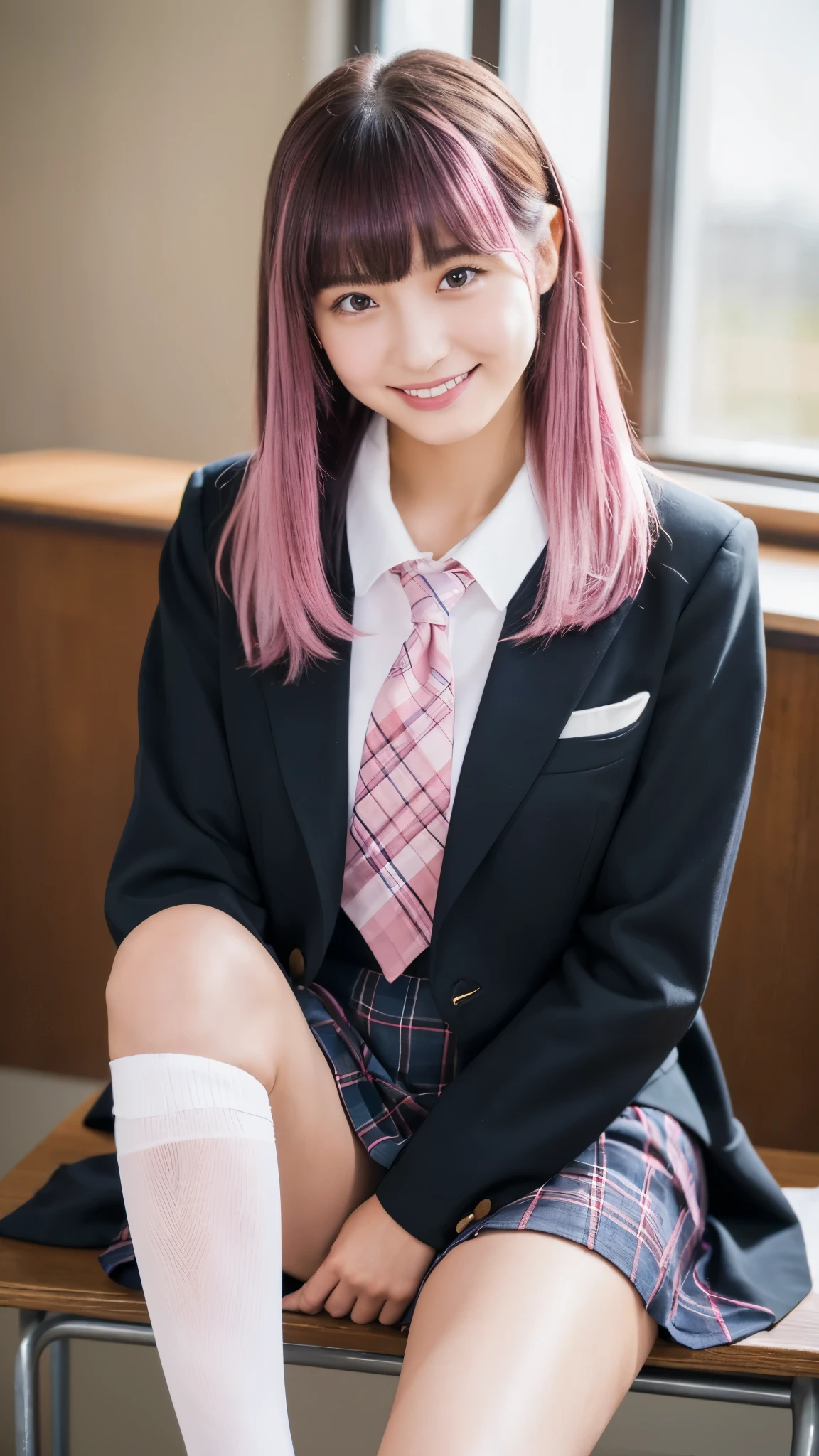(8K, top-quality, masterpiece:1.2), (reallistic, Photorealsitic:1.37), Super Detail, One girl, (Highly detailed), (beautifully detailed eyes), (of the highest quality), (super detailed), (masterpiece), (Detailed face), 20yr old, 1 girl, (pink hair, long hair), medium breasts, clothed, Perfect Lighting, BREAK, (navy blue blazer:1.4), (red ribbon:1.3), (white blouse:1.4), (black pleated skirt:1.5), (white socks:1.2), (black loafers:1.2), school emblem on left chest, ribbon tied around neck, skirt above knee length, BRAKE, (upper body to knee range), (side ponytail on left shoulder), (smiling and looking at camera), (right hand lifting collar, left hand touching ribbon), (cosplay booth with other cosplayers and spectators), (natural light shining on subject)