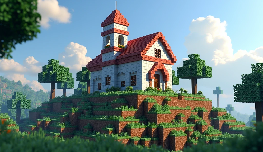 It has a Minecraft structure that looks like a building. Different colored blocks have been used, and it is situated on a hilltop. The building also has a small tower, consisting of a red and white block. There are also some trees around the building. Realistic version 