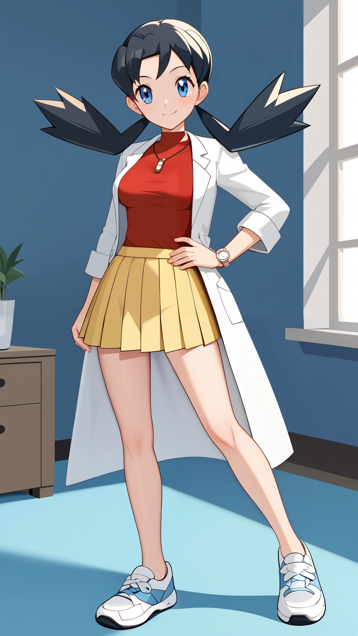 ( top quality )), ((masterpiece)), ( Details), 1girl, Blue-black hair,  twin tails,  blue eyes,  yellow pleated mini skirt, red sleeveless shirt, white lab coat , White shoes, Thighs,  beautiful feet, Ample breasts,  Tall,  Watch viewers, 1 Female, Age 18,  standing, whole body, Place one hand on hip,  slim figure,  sexy smile,  seductive smile,  score_9,  score_8_Excellent,  score_7_Excellent,  score_6_Excellent,  source_Anime,  cell shading ,  Flat Color , vector, indoor, Research Room, (\ Pokémon\), Two legs, two arms,