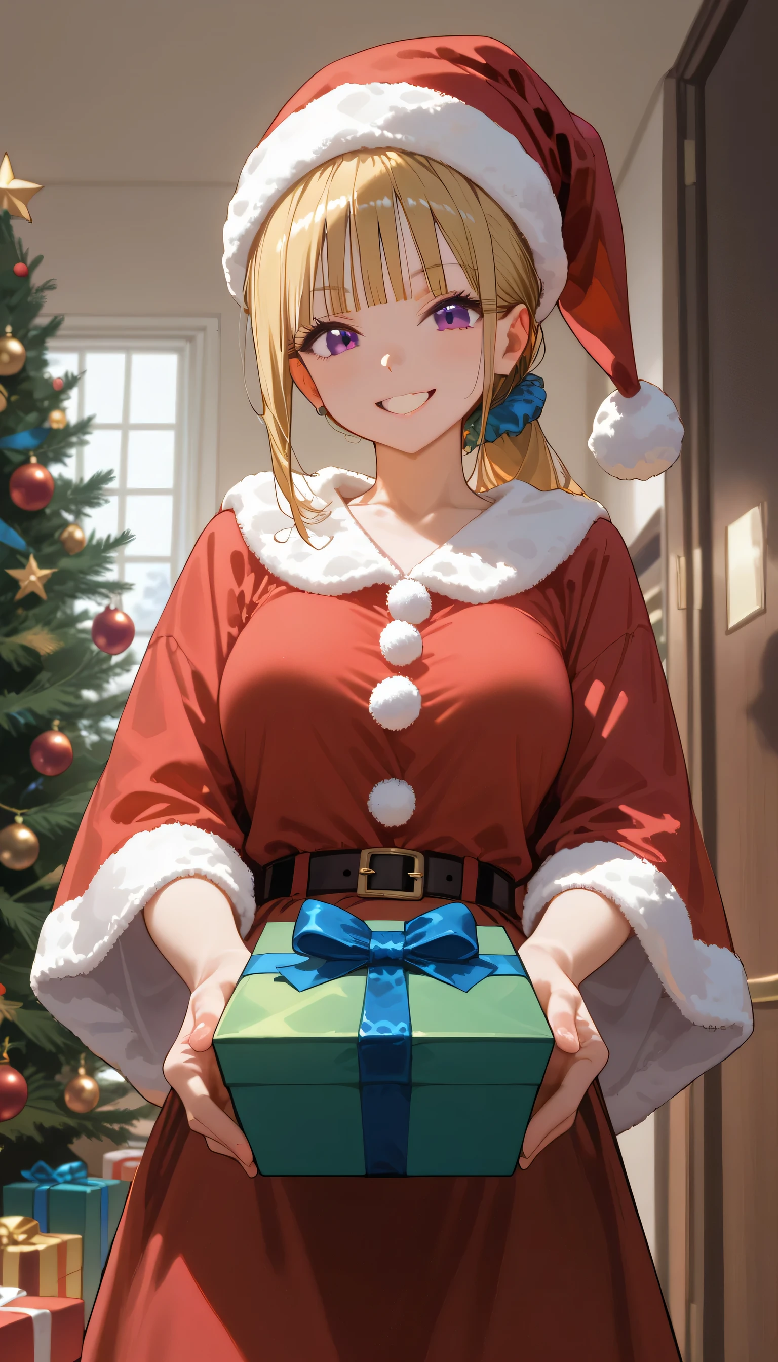 score_9,score_8_up,score_7_up, shiny skin, 1girl, KeiKaruizawa, Kei Karuizawa, bangs, blunt bangs, ponytail, violet eyes, blonde hair, blue scrunchie, long shot, christmas, santa clause outfit, santa hat, christmas vibe, christmas tree, in door, living room, bonfire, holding a gift, gift box, night christmas, sweet smile