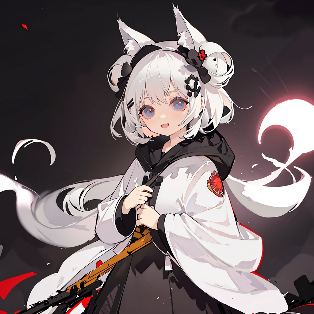 Alone,1 Female\(grim Reaper,cute,Cute,, hair color is white ,  hair with braids, messy hair,Eye color is dark, big eyes, white skin, big smile,enjoy, full body ,grim Reaperの黒いローブを着て,( black hood ), has a scythe,skip, flower hair ornament with bun head ,White Hair,(Body transparent:0.8)\),background\((Black Sky:1.5),Skull on the ground , dead flowers scattered on the ground ,Red water\), break ,quality\(8k,極めて詳細なCGユニットのwallpaper, ​masterpiece, High Definition ,top-quality,top-quality real texture skin, surrealistic, increase resolution , RAW photo,最高のquality, very detailed,wallpaper\)