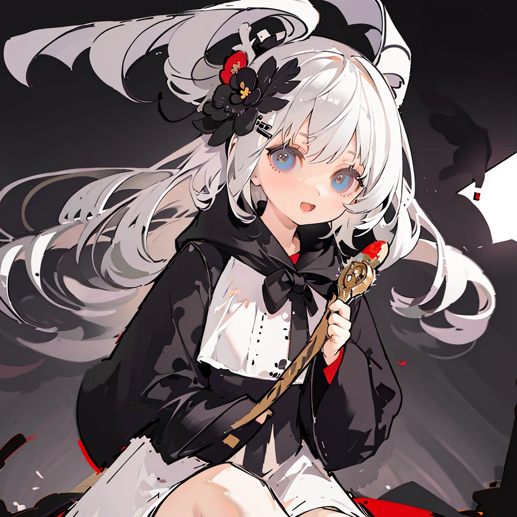 Alone,1 Female\(grim Reaper,cute,Cute,, hair color is white ,  hair with braids, messy hair,Eye color is dark, big eyes, white skin, big smile,enjoy, full body ,grim Reaperの黒いローブを着て,( black hood ), has a scythe,skip, flower hair ornament with bun head ,White Hair,(Body transparent:0.8)\),background\((Black Sky:1.5),Skull on the ground , dead flowers scattered on the ground ,Red water\), break ,quality\(8k,極めて詳細なCGユニットのwallpaper, ​masterpiece, High Definition ,top-quality,top-quality real texture skin, surrealistic, increase resolution , RAW photo,最高のquality, very detailed,wallpaper\)