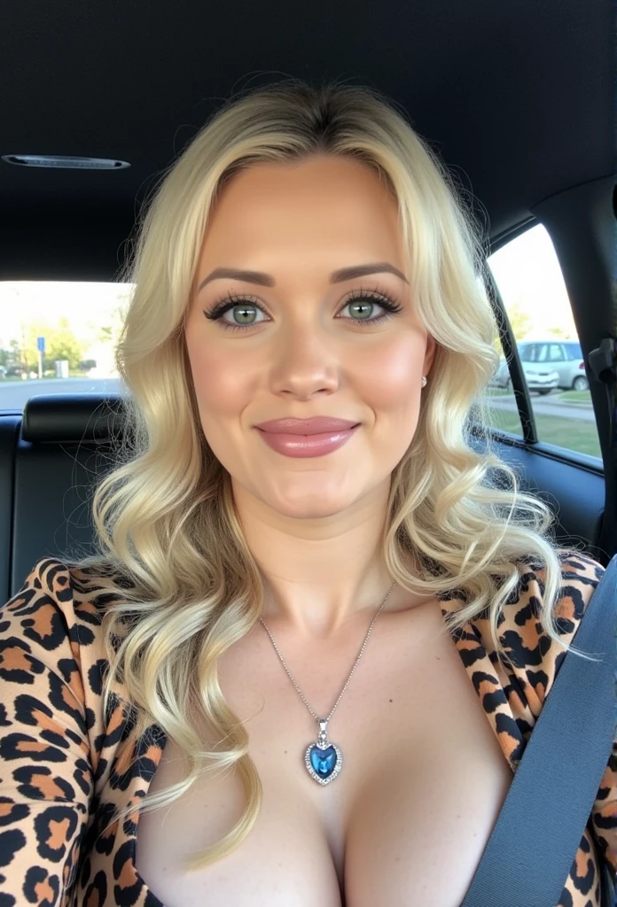 age 38, chubby sexy milf, blue eyes, sexy school teacher, front seat of her car,( Masterpiece, 4k resolution, ultra-realistic, very detailed) blonde hair, long blonde hair, wearing cheetah print blouse, curvy body, wide hips, blue eyes,  smiling, large round fake breasts , selfie, photo for instagram