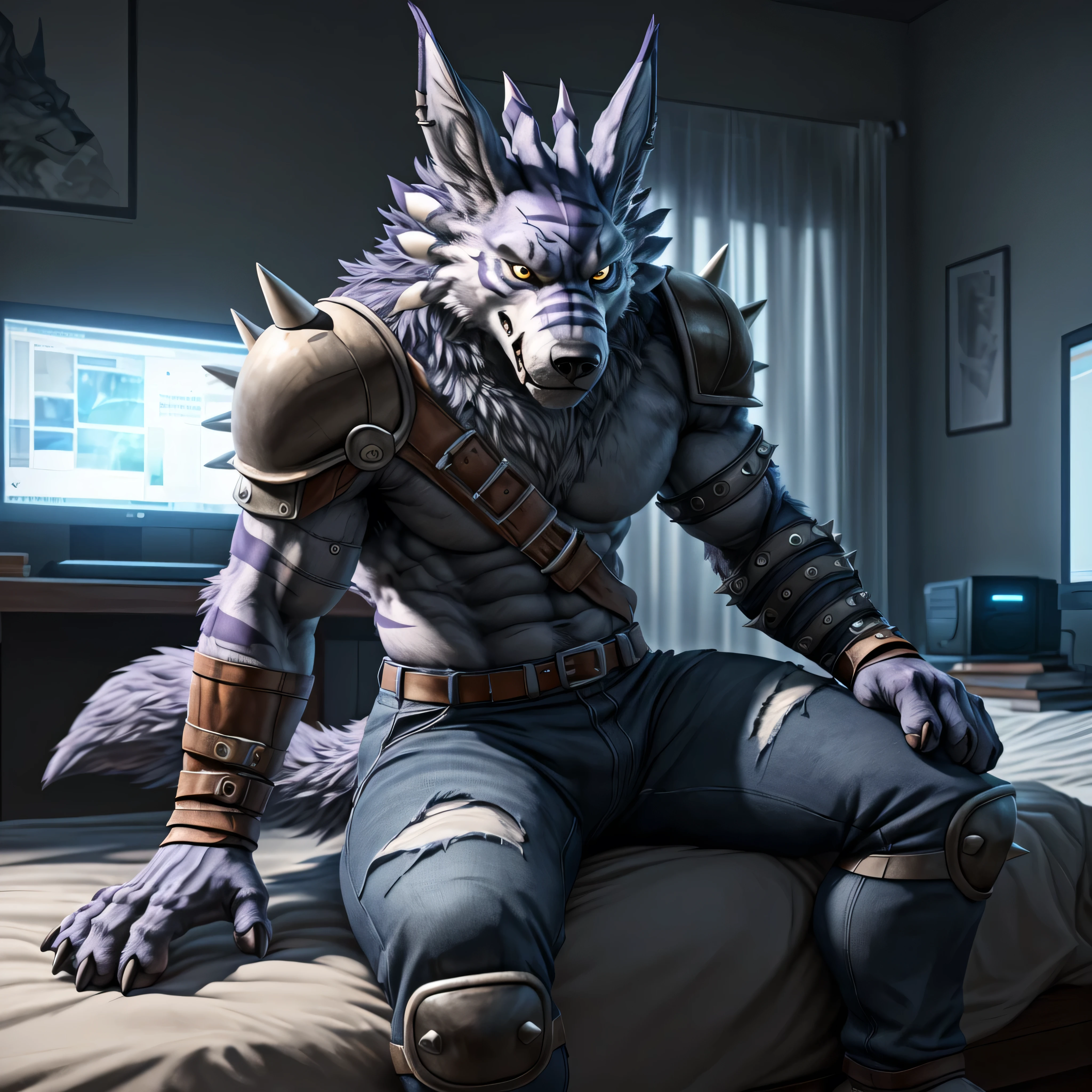 4K, high resolution, best quality, perfect colors, perfect shadow, perfect lighting, posted on e621, solo, alone, ((jeans, kneepads:1.2, spikes on kneepads, chest armor:1.3, shoulder armor, realistic fur, detailed wolf eyes:1.3, wolf tail:1.3, weregarurumon:1.3,)), epic, masterpiece:1.2, sitting on edge of bed, detailed bedroom background, by allandox, computer monitor in background, (werewolf handpaws:1.3, five fingers, cautious expression, detailed wolf muzzle:1.2)