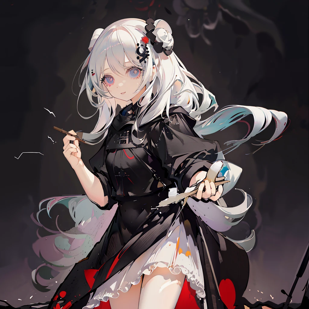 Alone,1 Female\(grim Reaper,cute,Cute,Age 10, hair color is white ,  hair with braids, messy hair,Eye color is dark, big eyes, white skin, big smile,enjoy, full body ,grim Reaperの黒いローブを着て,( black hood ), has a scythe,skip, flower hair ornament with bun head ,White Hair,(Body transparent:0.8)\),background\((Black Sky:1.5),Skull on the ground , dead flowers scattered on the ground ,Red water\), break ,quality\(8k,極めて詳細なCGユニットのwallpaper, ​masterpiece, High Definition ,top-quality,top-quality real texture skin, surrealistic, increase resolution , RAW photo,最高のquality, very detailed,wallpaper\)