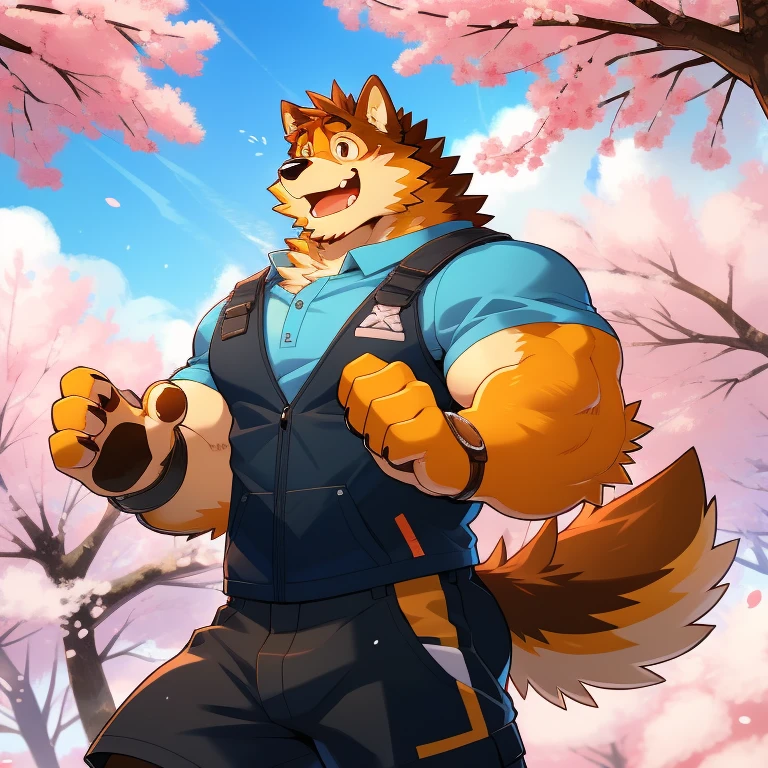 Scribble 柴dog face, pretty face,Humanity(dog),( casual wear:1.3),muscular,(  brown eyebrows :1.1),(Perfect Black Eyes ),（artist:Takemoto Arashi）,(bulging buttocks),(foam)， cherry blossoms ， session， happy expression ，wolf tail，（Four fingers）