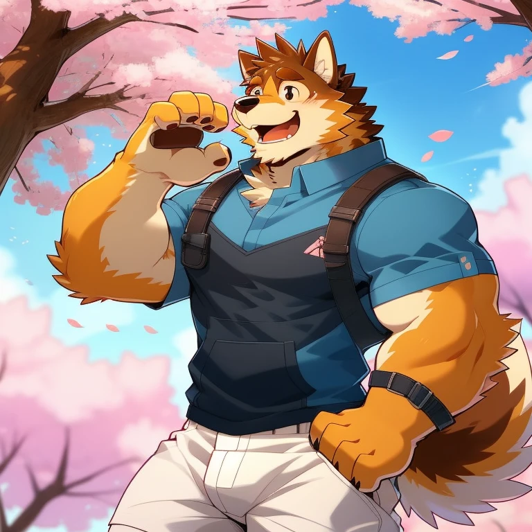 Scribble 柴dog face, pretty face,Humanity(dog),( casual wear:1.3),muscular,(  brown eyebrows :1.1),(Perfect Black Eyes ),（artist:Takemoto Arashi）,(bulging buttocks),(foam)， cherry blossoms ， session， happy expression ，wolf tail，（Four fingers）