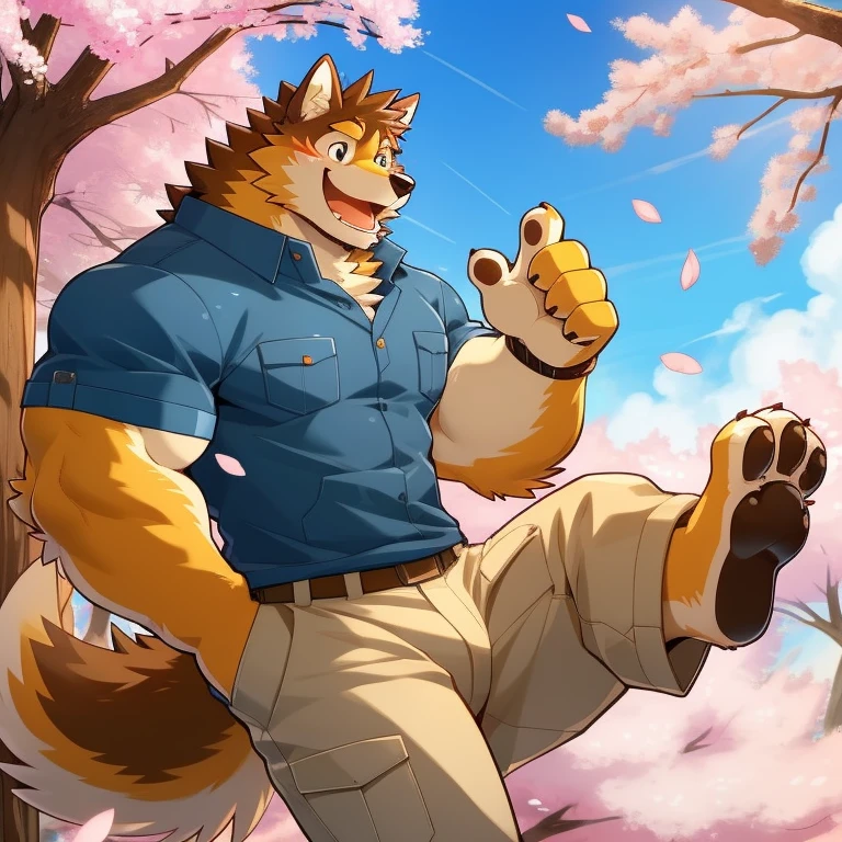 Scribble 柴dog face, pretty face,Humanity(dog),( casual wear:1.3),muscular,(  brown eyebrows :1.1),(Perfect Black Eyes ),（artist:Takemoto Arashi）,(bulging buttocks),(foam)， cherry blossoms ， session， happy expression ，wolf tail，（Four fingers）