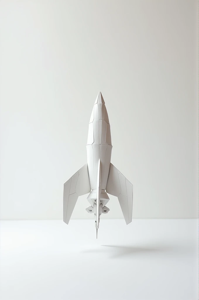 A space rocket craft made of paper standing in a white table and white background