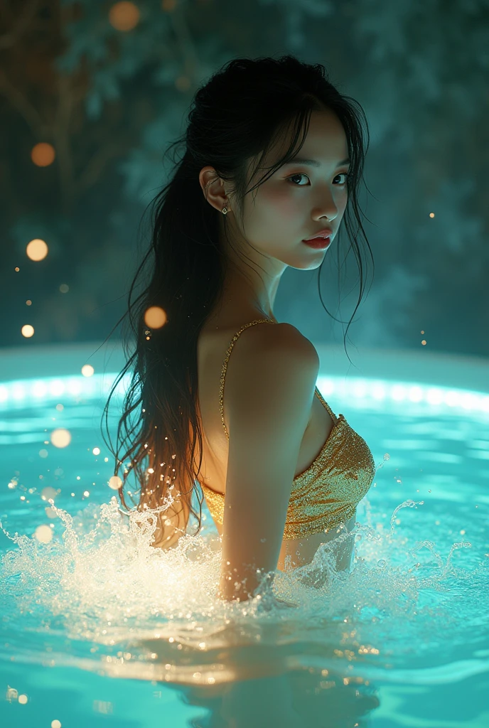 charming red-haired girl, Beautiful brown eyes, graceful fingers, neon wrist bracelets,
picture, night, lies in the water, Turquoise, transparent sea, glowing sea anemones, mysterious light of plankton, Fantasy, a dream, Chromatic aberrations,
double exposure,
16k,
high contrast 0-255,
professional photo