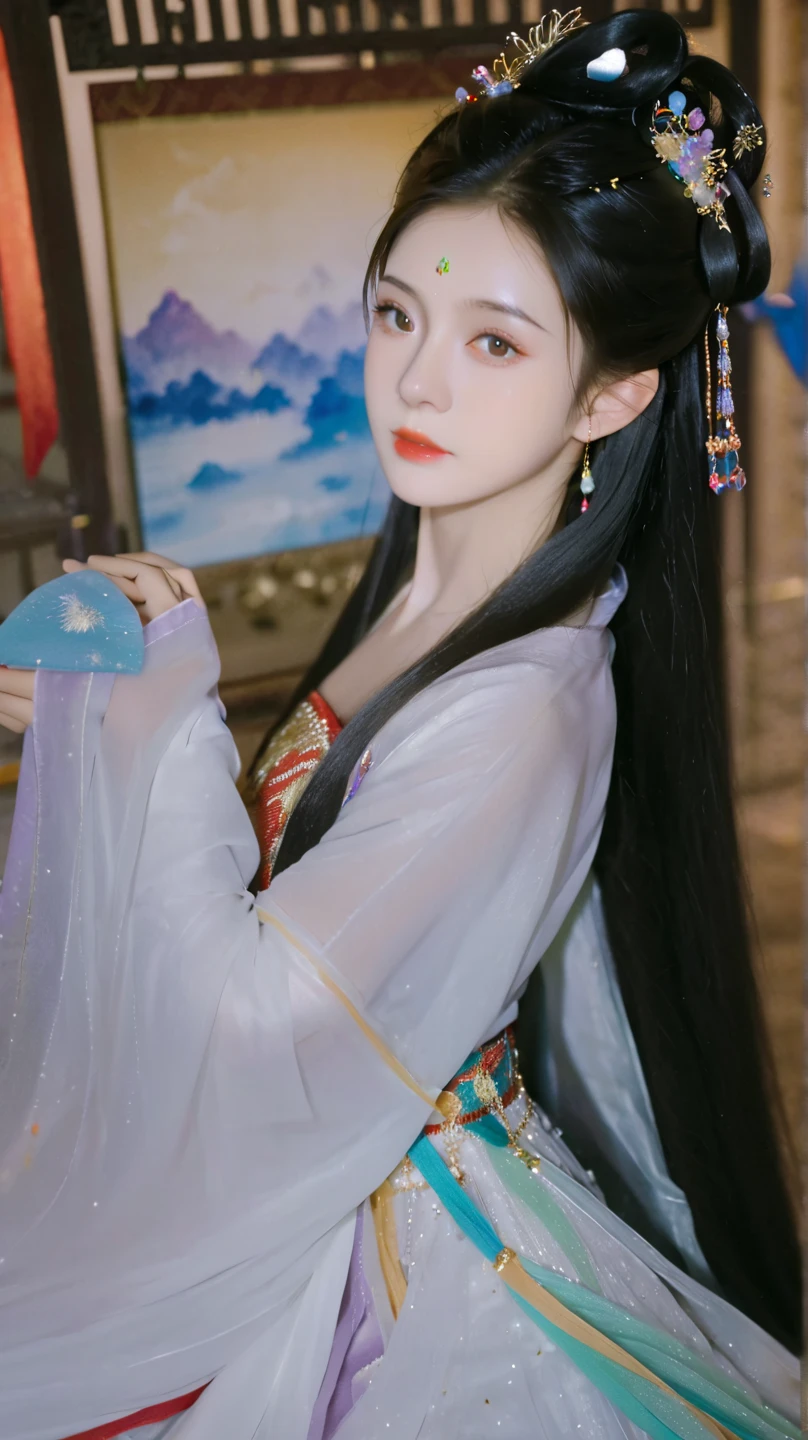  Best Quality  at best, 超高分辨率, ((( 1 girl))),(Long black hair), Game Fairy, Old Palace , Hanfu, ,  Elegant Light Yarn , jewelry, (focus), ((( colorful))), particle effects , masterpiece,  Best Quality  at best, Beautiful painting, meticulous,   Very detailed  , (masterpiece,  Best Quality  at best）  CG Uniform 8K Wallpaper，masterpiece， Best Quality ， super detailed）,  Ultra HD，Clear face