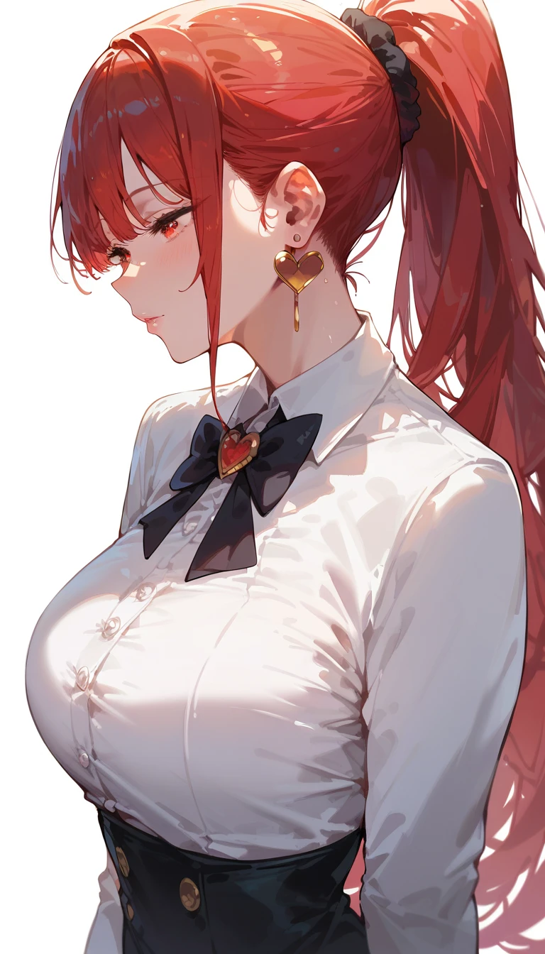 score_9_up, score_8_up, score_7_up, high quality, shaded, masterpiece, light blush, 1girl, heart earrings , red hair,  ,red eyes, large breast, High ponytail, long side hairs, eyes through bangs, tuxedo, standing, white background