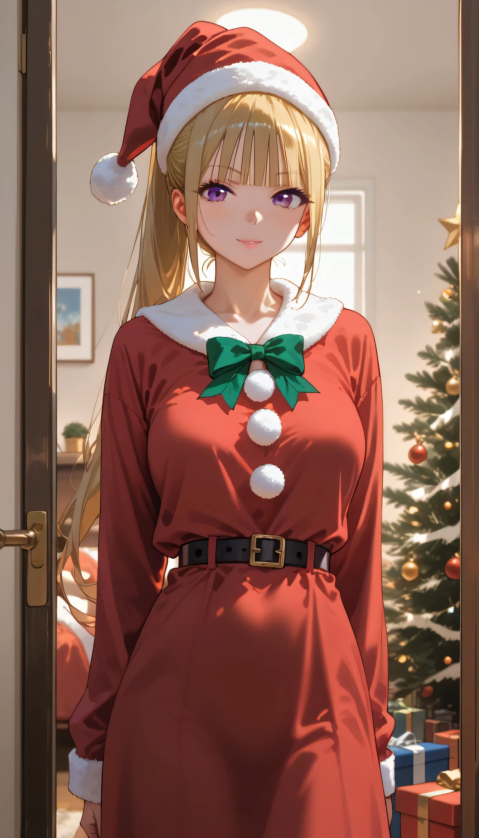 score_9,score_8_up,score_7_up, shiny skin, 1girl, KeiKaruizawa, Kei Karuizawa, bangs, blunt bangs, ponytail, violet eyes, blonde hair, blue scrunchie, long shot, christmas, santa clause outfit, santa hat, christmas vibe, christmas tree, in door, living room, bonfire, night