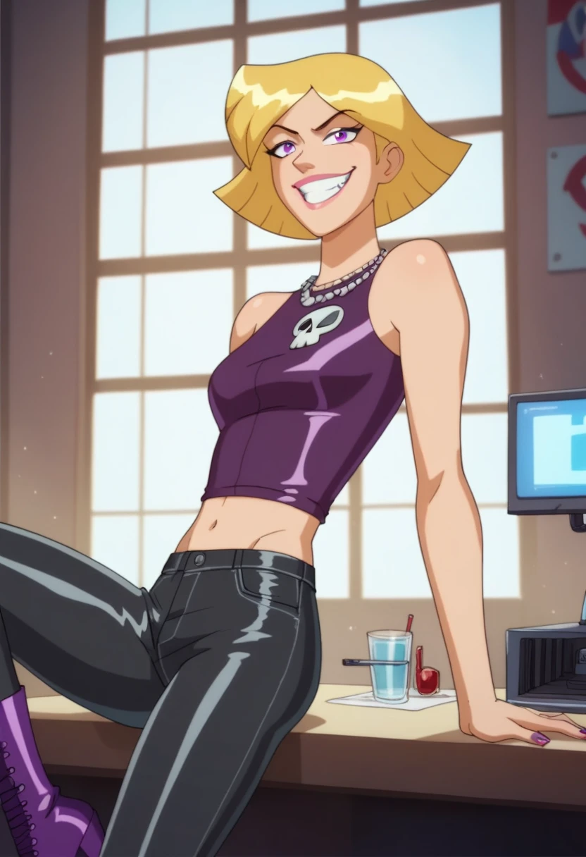 In a lab, tsclover has blonde hair, undone hair, is malnourished, skinny body, has an evil grin, wears a black T-shirt with a skull on it, a tight patent leather pants, purple shiny boots. Gets dressed, buttons her pants.