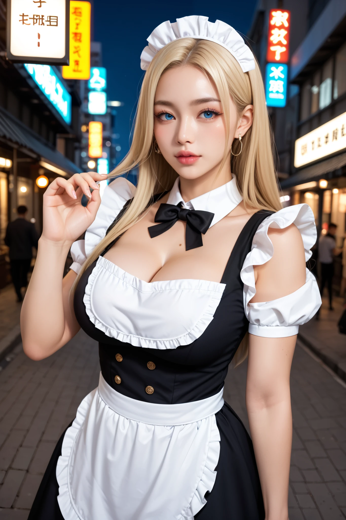 1girl, (Blue Eyes), (smiling :1.3), (beautiful makeup :1.2), (Sana Minatozaki), wide hips, Big tits, big ass, (Best Quality, 8k, Masterpiece: 1.3), Clear Focus: 1.2, Perfect Body Beauty: 1.4, strong abs, Highly detailed face and skin texture, detailed eyes, double eyelids, (blond long twins tails hair :1.2), (black maid outfit), apron, long stockings, standing, dynamic pose, in a maid cafe, coffee shop, portrait, blurred background