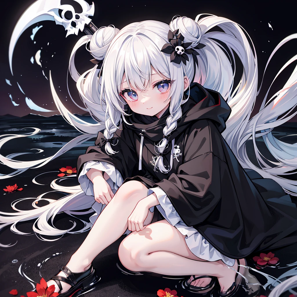 Alone,1 Female\(grim Reaper,cute,Cute,Age 10, hair color is white ,  hair with braids, messy hair,Eye color is dark, big eyes, white skin, big smile,enjoy, full body ,grim Reaperの黒いローブを着て,( black hood ), has a scythe,skip, flower hair ornament with bun head ,White Hair,(Body transparent:0.8)\),background\((Black Sky:1.5),Skull on the ground , dead flowers scattered on the ground ,Red water\), break ,quality\(8k,極めて詳細なCGユニットのwallpaper, ​masterpiece, High Definition ,top-quality,top-quality real texture skin, surrealistic, increase resolution , RAW photo,最高のquality, very detailed,wallpaper\)