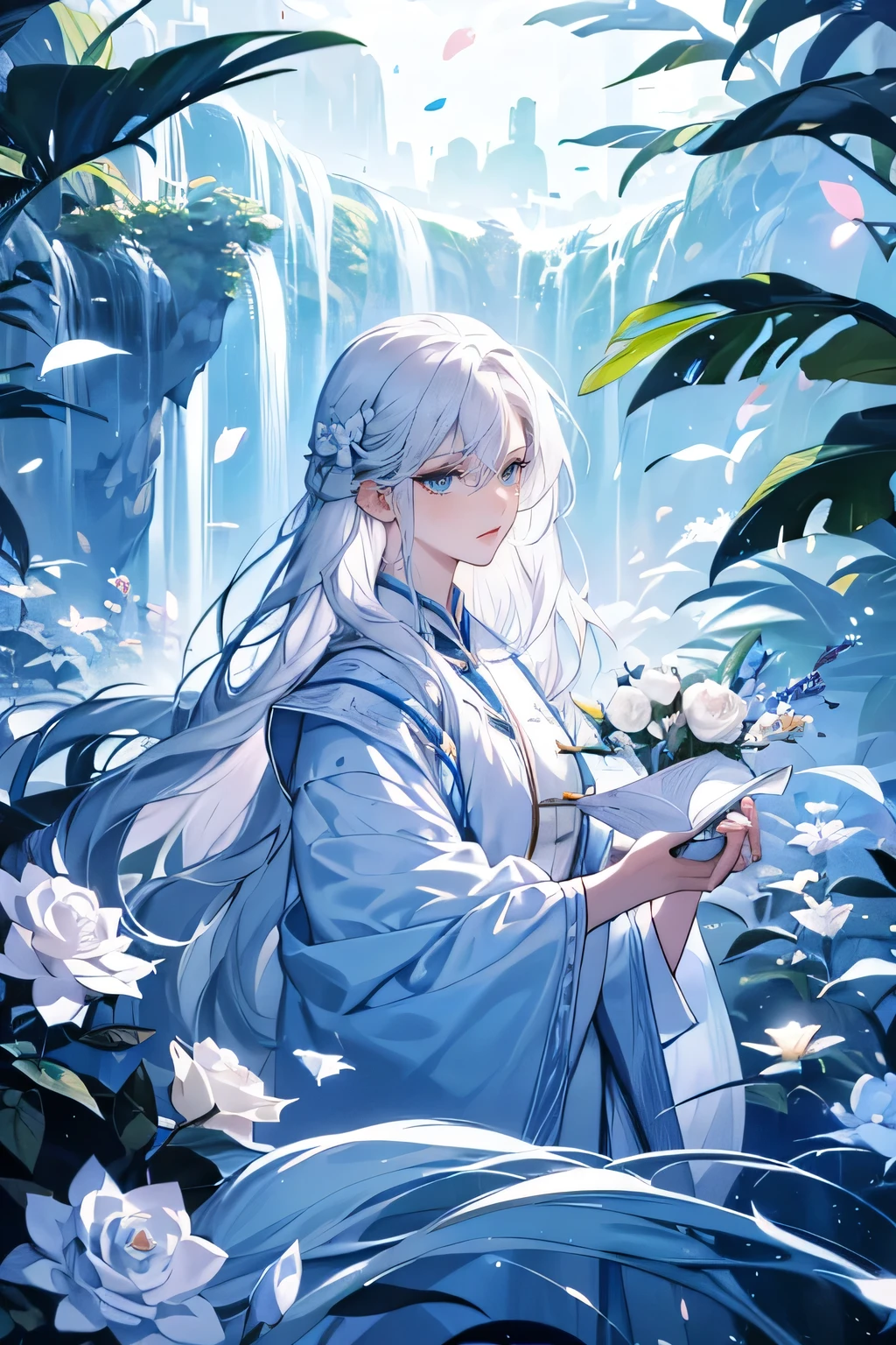 1 cuopble，long whitr hair，Pale teenager，Dark clothes，（（（Rose blanche））），white  shirt，The screen contrast is low，High brightness，Long white hair，Rose flower，bloods，Light blue leaves，softlighting，misterious ambience，Chinese landscape, En plein air, Flowers and trees, waterfallr,butterflys， Portrait, color difference, Depth of field, dramatic shadow, Ray tracing, Best quality, Cinematic lighting, Extremely detailed CG, 8K wallpaper,，