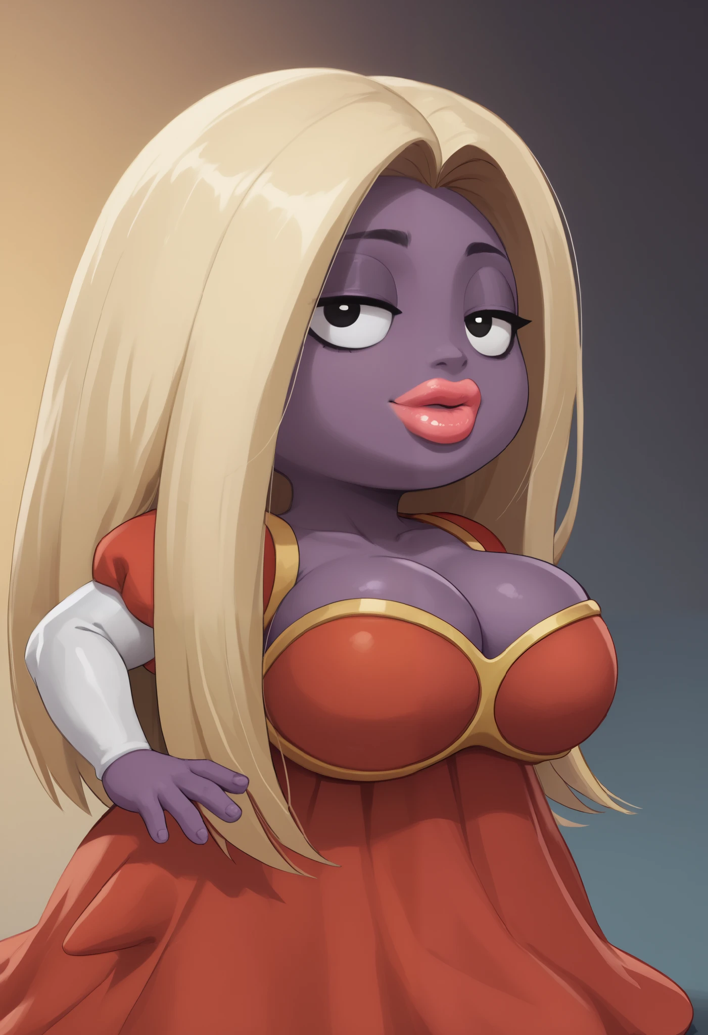 score_9, score_8_up, score_7_up, rating_explicit, gradient background, 1girl, colored skin, lips, thick lips, pokemon (creature), no humans, long hair, blonde hair, black eyes, dress, red dress, (shortstack:1.3), purple skin, puffy shoulders, large breasts, wide hips, bedroom eyes, looking at viewer, cleavage, close-up, head tilt, bust portrait,
