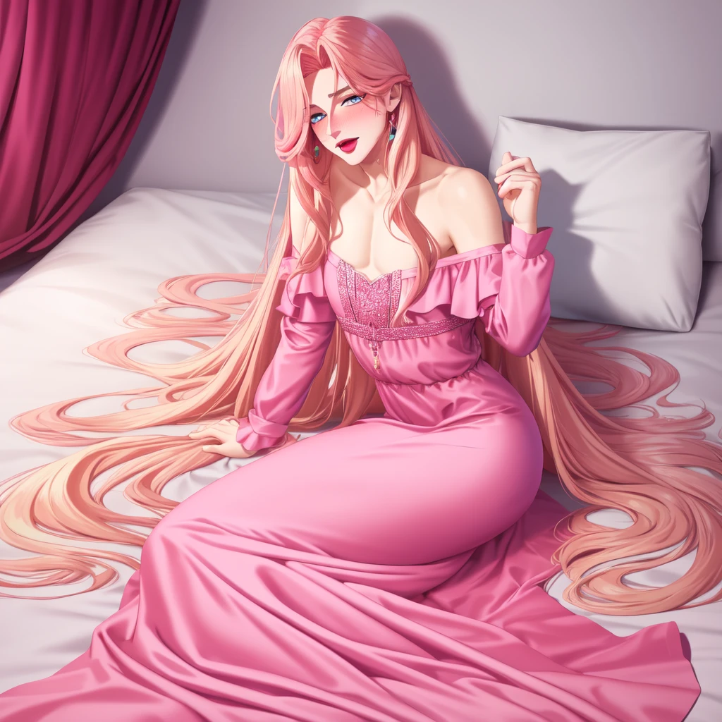  solo, Male, 1male, mature male, long hair, male face, male chest, tall, blue eyes, long blonde hair, red lips, blush, make up, bedroom, full body, sit on bed, ahegao face, flat chest, wear pink mermaid dress, pink long dress, pink off shoulder dress, pink long sleeve dress,