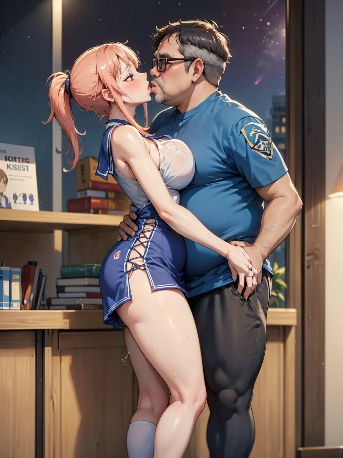 ( One Girl ,  fat middle-aged men who commit crimes until morning:1.2),   knit dress,  Miniskirt , , ({{kissu), (),  office,  very detailed,  High Definition , 4K, masterpiece,  High Definition 、( my clothes are see-through :1.2)、Big Breasts, Knee High Socks, high school girl,My chest is empty,We're both sweaty ,(Sweaty skin)