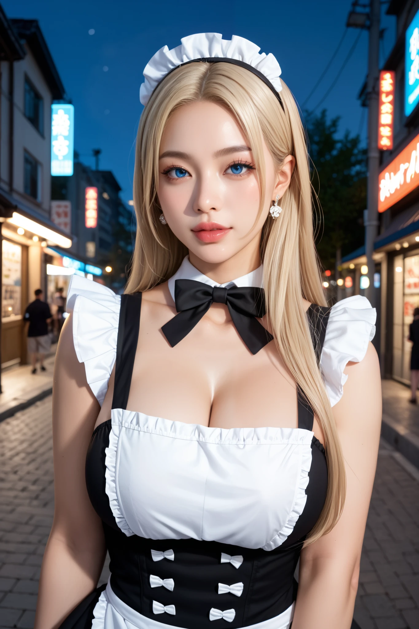 1girl, (Blue Eyes), (smiling), (Sana Minatozaki), (beautiful makeup :1.2), wide hips, Big tits, big ass, (Best Quality, 8k, Masterpiece: 1.3), Clear Focus: 1.2, Perfect Body Beauty: 1.4, strong abs, Highly detailed face and skin texture, detailed eyes, double eyelids, (blond long hair whit bangs :1.3), white thigh highs, black maid outfit, cleavage, white apron, standing, holding a tray on his chest, in a cafe in Japan, maid cafe
