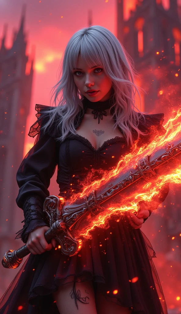 masterpiece, best quality, ultra-detailed, a vivid, high-contrast scene,
1girl\(silver-haired,dramatic black gothic dress,holding massive sword, dramatic shadows across her face and the ground, creating a striking visual effect\),
massive sword\(that glows with intense red and orange flames,with the fiery glow of the sword casting harsh,
Guard\(rabbit trademark\(trk\),in the center\)\),
background\(dark gothic cityscape,towering spires silhouetted against a vibrant red and purple sky,The bold colors of the sky and the glowing weapon contrast sharply with the deep blacks of her dress, filled with dynamic lighting,Her expression is fierce and determined, as if she’s ready to face a powerful enemy. The overall atmosphere is one of high tension and drama, with the intense colors and sharp contrasts giving the scene a sense of urgency and power\),Colors that blend well with the girl and the background