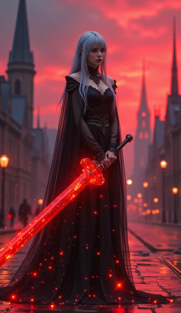 masterpiece, best quality, ultra-detailed, a vivid, high-contrast scene,
1girl\(silver-haired,dramatic black gothic dress,holding massive sword, dramatic shadows across her face and the ground, creating a striking visual effect\),
massive sword\(that glows with intense red and orange flames,with the fiery glow of the sword casting harsh,
Guard\(rabbit trademark\(trk\),in the center\)\),
background\(dark gothic cityscape,towering spires silhouetted against a vibrant red and purple sky,The bold colors of the sky and the glowing weapon contrast sharply with the deep blacks of her dress, filled with dynamic lighting,Her expression is fierce and determined, as if she’s ready to face a powerful enemy. The overall atmosphere is one of high tension and drama, with the intense colors and sharp contrasts giving the scene a sense of urgency and power\),Colors that blend well with the girl and the background