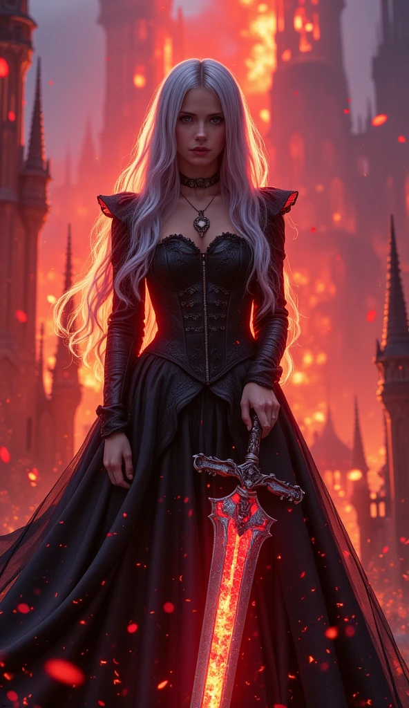 masterpiece, best quality, ultra-detailed, a vivid, high-contrast scene,
1girl\(silver-haired,dramatic black gothic dress,holding massive sword, dramatic shadows across her face and the ground, creating a striking visual effect\),
massive sword\(that glows with intense red and orange flames,with the fiery glow of the sword casting harsh,
Guard\(rabbit trademark\(trk\),in the center\)\),
background\(dark gothic cityscape,towering spires silhouetted against a vibrant red and purple sky,The bold colors of the sky and the glowing weapon contrast sharply with the deep blacks of her dress, filled with dynamic lighting,Her expression is fierce and determined, as if she’s ready to face a powerful enemy. The overall atmosphere is one of high tension and drama, with the intense colors and sharp contrasts giving the scene a sense of urgency and power\),Colors that blend well with the girl and the background