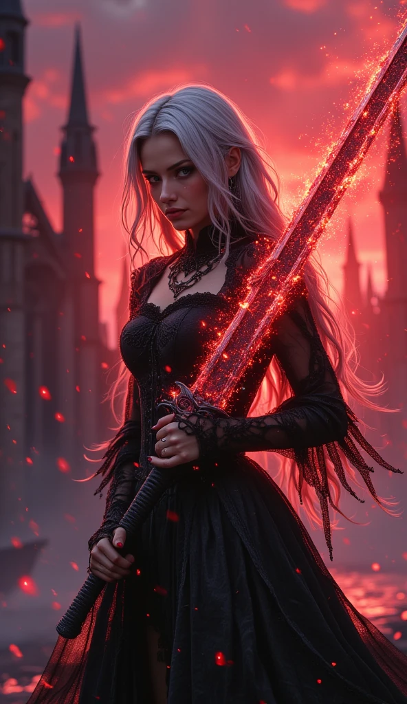 masterpiece, best quality, ultra-detailed, a vivid, high-contrast scene,
1girl\(silver-haired,dramatic black gothic dress,holding massive sword, dramatic shadows across her face and the ground, creating a striking visual effect\),
massive sword\(that glows with intense red and orange flames,with the fiery glow of the sword casting harsh,
Guard\(rabbit trademark\(trk\),in the center\)\),
background\(dark gothic cityscape,towering spires silhouetted against a vibrant red and purple sky,The bold colors of the sky and the glowing weapon contrast sharply with the deep blacks of her dress, filled with dynamic lighting,Her expression is fierce and determined, as if she’s ready to face a powerful enemy. The overall atmosphere is one of high tension and drama, with the intense colors and sharp contrasts giving the scene a sense of urgency and power\),Colors that blend well with the girl and the background