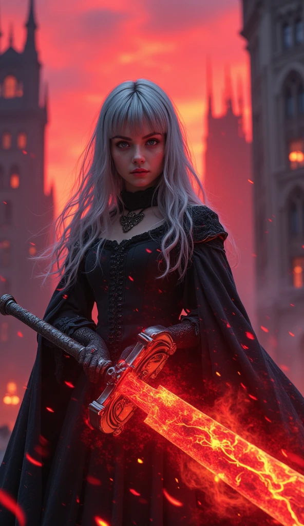 masterpiece, best quality, ultra-detailed, a vivid, high-contrast scene,
1girl\(silver-haired,dramatic black gothic dress,holding massive sword, dramatic shadows across her face and the ground, creating a striking visual effect\),
massive sword\(that glows with intense red and orange flames,with the fiery glow of the sword casting harsh,
Guard\(rabbit trademark\(trk\),in the center\)\),
background\(dark gothic cityscape,towering spires silhouetted against a vibrant red and purple sky,The bold colors of the sky and the glowing weapon contrast sharply with the deep blacks of her dress, filled with dynamic lighting,Her expression is fierce and determined, as if she’s ready to face a powerful enemy. The overall atmosphere is one of high tension and drama, with the intense colors and sharp contrasts giving the scene a sense of urgency and power\),Colors that blend well with the girl and the background