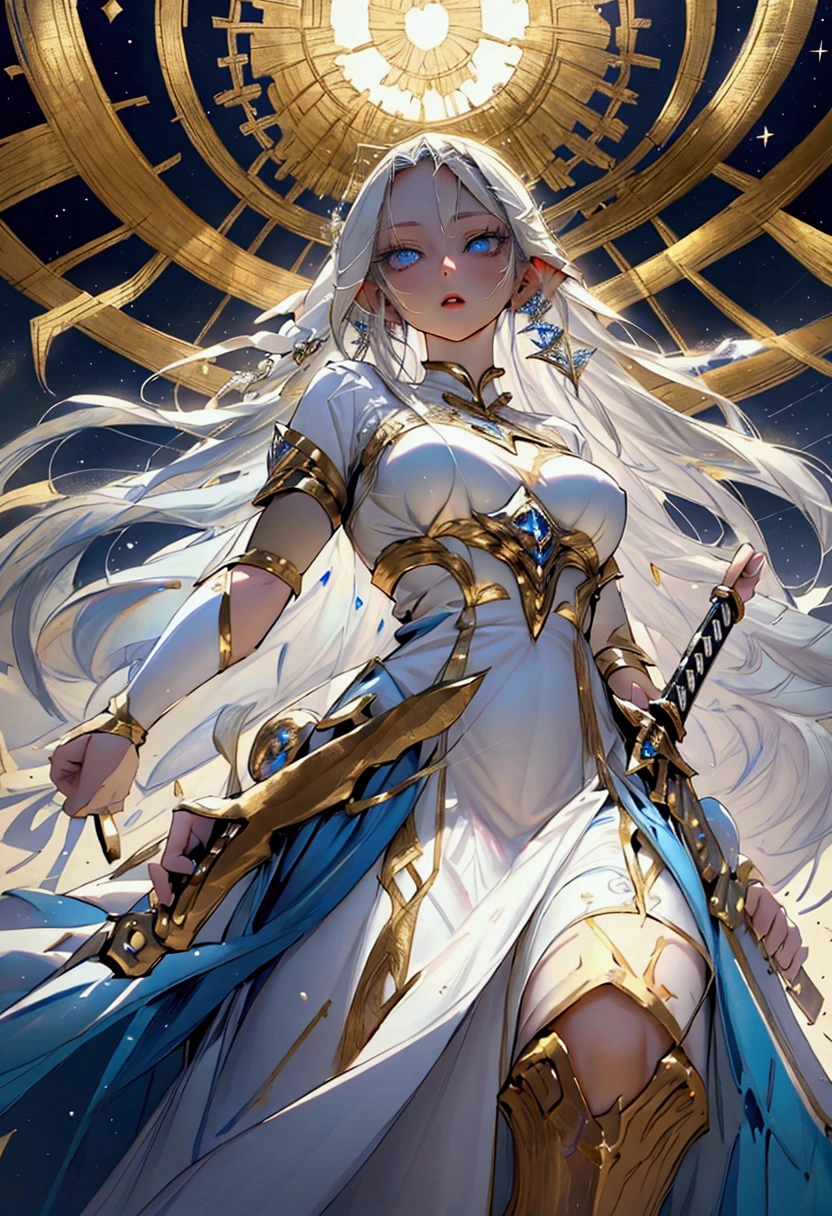 1girl, white hair, long hair, blue eyes, open center long, dress, divine, celestial, from below, sword, gold, epic, high quality,  focus on the face, very detailed