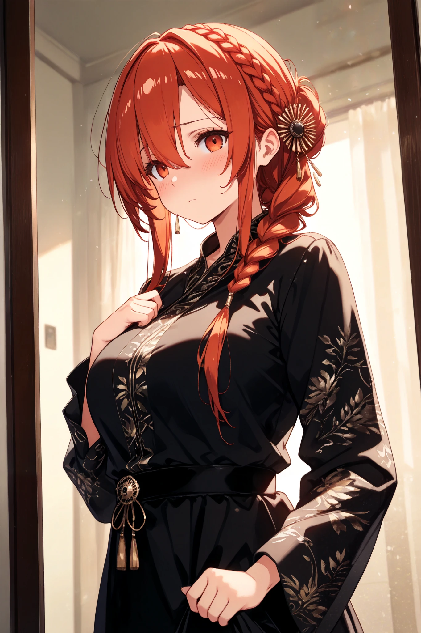 Anime - style image of a woman with red hair and a black dress - SeaArt AI