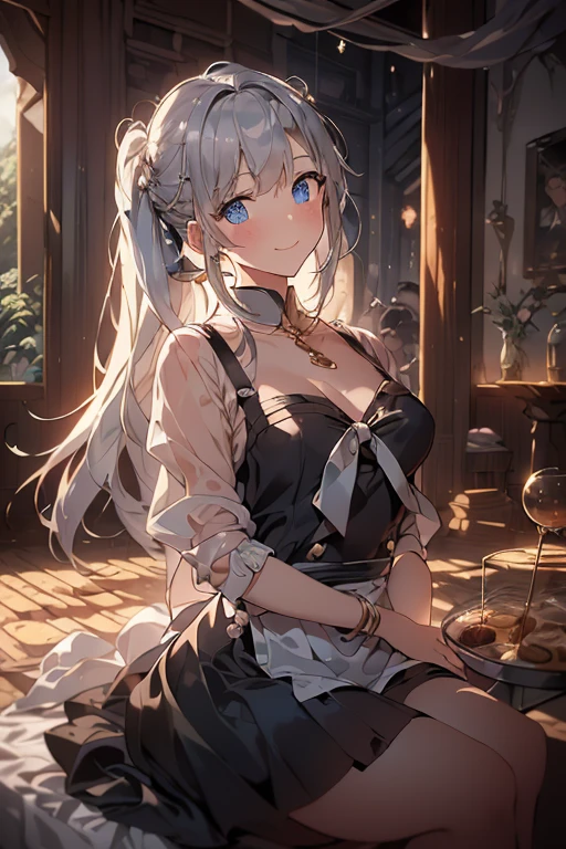 (from below:1.2),(from side:0.9), ((Face)), (Close-Up:0.4), (A masterpiece of image quality in 8K),(Beautiful Allafed Woman),(((emphasizing breasts:1.3))),(Dynamic angles),(Dynamic and sexy bending pose:1.3),(sit a chair:1.3),(Short hair in shiny silver and orange inner colors,large full breasts,Disturbance of clothing due to movement,breast slip,(Ponytail twisted buns adorned with elaborate braids and beads,Braided Setup Fishbone Hair:1.2),(see-through bangs),small breasts,(((A brown lace apron that shows your bare skin from under your small breasts.......)))、Blush with embarrassment、Enraptured eyes、 open mouth,A smile that beguiles the viewer、(Look back:1.7)、Look into the photographer,skin glistening with sweat,gazing at viewer,,(Professional Lighting),(masutepiece,top-quality,Ultra-high resolution output image,),(Ultra HD with complex detail image modes),depth of fields,Beautiful hands,Beautiful fingers,Detailed finger features,(Detailed hair features:1.7),detailed facial features,detailed clothes features,