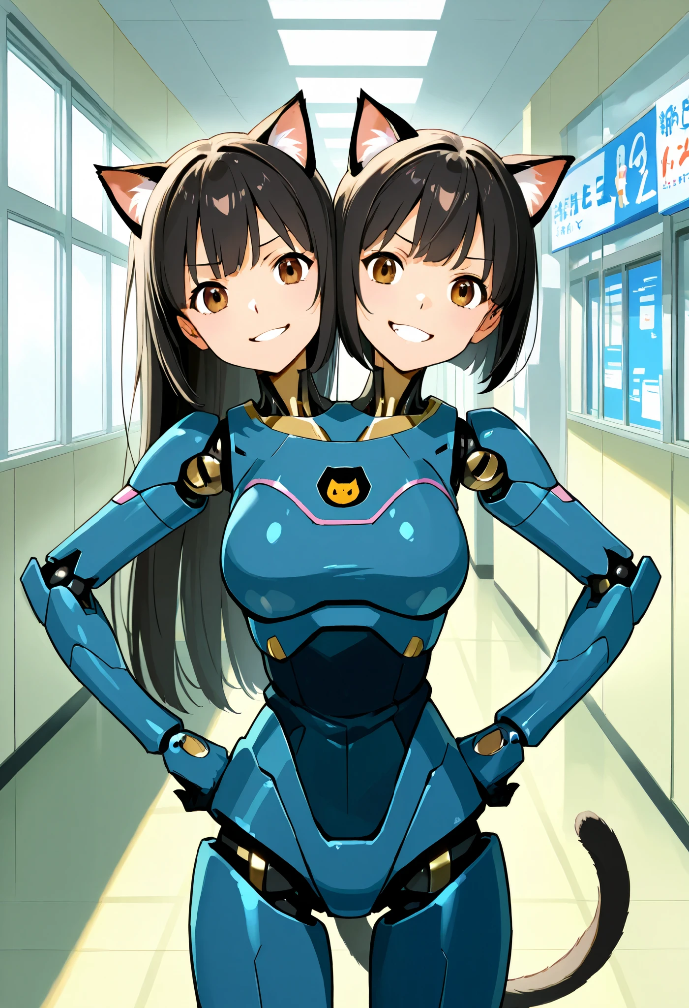 anime catgirl with two heads, cat ears, black hair, left head has long hair and right head has short hair, brown eyes, cat tail, robot skin, android, cosplay, grinning, hands on hips, convention center hallway