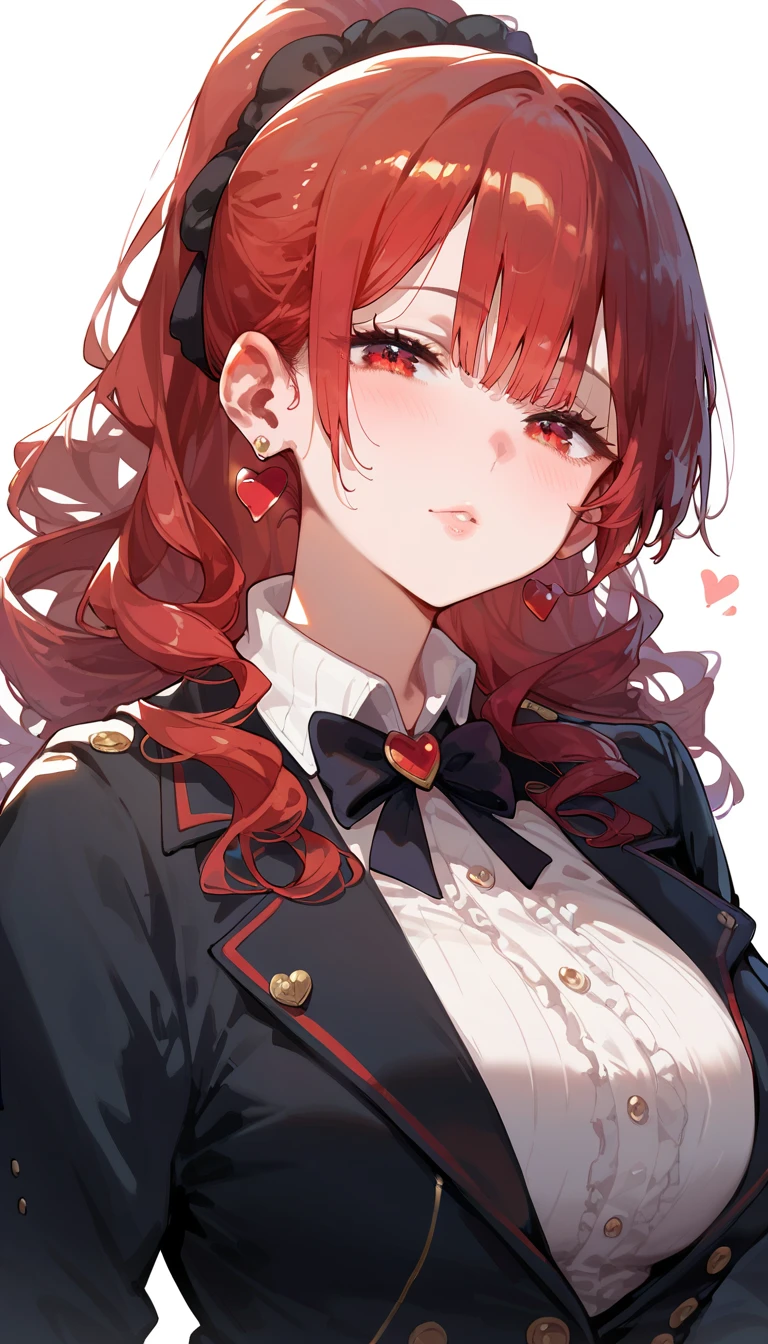 score_9_up, score_8_up, score_7_up, high quality, shaded, masterpiece, light blush, 1girl, heart earrings , red hair,  ,red eyes, large breast, High ponytail, long side hairs, eyes through bangs, tuxedo, standing, white background, looking at viewer, curly hair