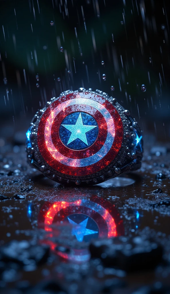 Masterpiece, High Resolution, Award Winning, High Details, "A glowing ring featuring Captain America's shield symbol, glittering with vibrant red, white, and blue, lying on the ground drenched in rain. The ring's glow highlights its intricate design as raindrops splash around it."
